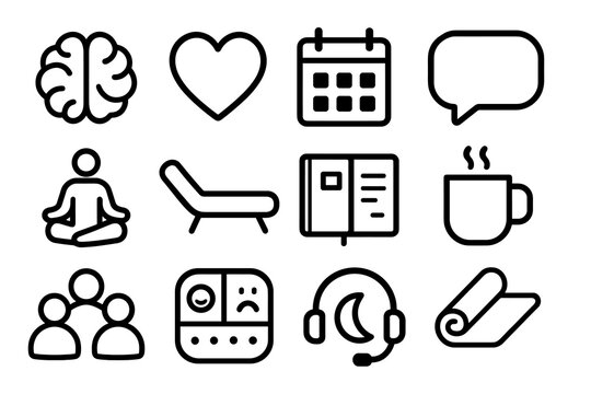 Wellbeing icons set: brain, heart, calendar, speech bubble, meditation, lounge, journal, coffee, group, mood tracker, headset, yoga mat