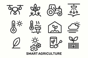 Smart agriculture icons: drone, tractor, sensor, plant, sun, greenhouse, irrigation