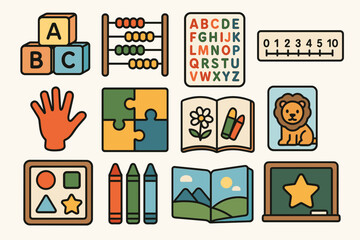 Colorful educational icons featuring abc blocks, abacus, puzzle pieces, and crayons