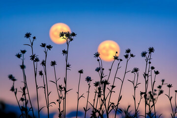 Silhouettes of wildflowers against a full moon at twilight.