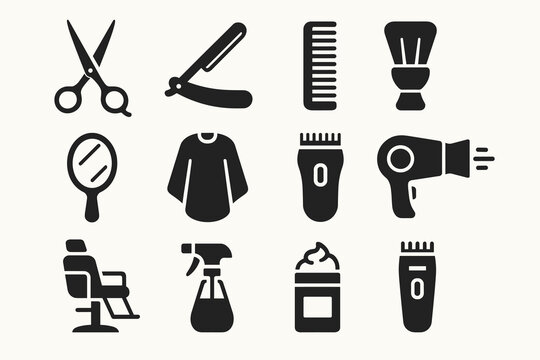 Barber shop tools icons: scissors, razor, comb, cape, clippers, hairdryer, chair