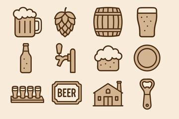 Beer icon set featuring mug, barrel, tap, and hops on beige background