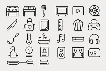 Fototapeta premium Minimalist kitchen and entertainment icons with appliances and gadgets