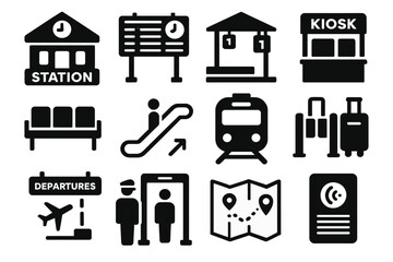 Travel icons set: station, transport, departure, map, flight symbols