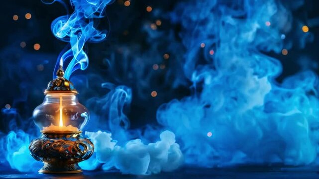 Closeup wish lamp and blue magical smoke of genie coming out of it on dark background with space for copy 