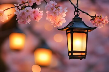 Cherry blossoms and a lantern at dusk