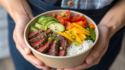 Delicious steak bowl recipe: healthy food with rice, avocado, mango, and fresh vegetable salad bowl