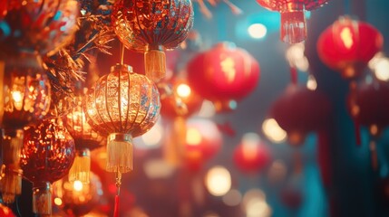 Festive lanterns, warm hues, blurred background