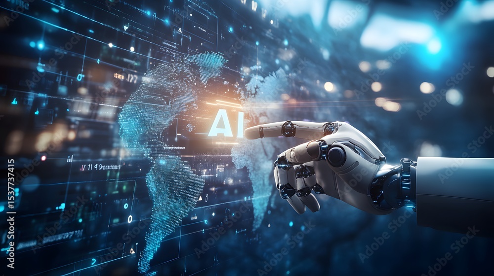 Poster futuristic robotic hand interacting with an ai-powered digital world, highlighting technology and au
