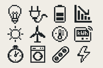 Pixel art energy icons: lightbulb, battery, wind turbine, thermometer, stopwatch, power plug