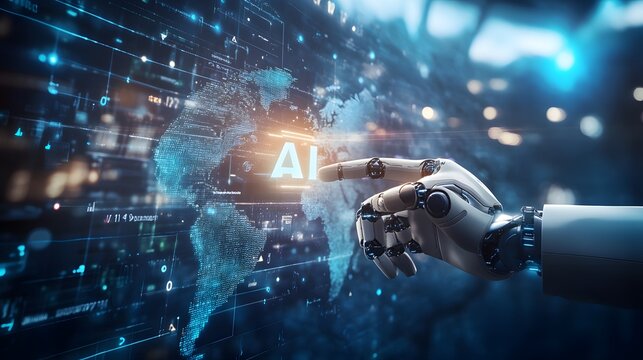 Futuristic robotic hand interacting with an AI-powered digital world, highlighting technology and automation.