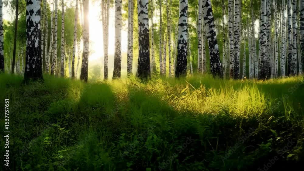 Aufkleber sunlight streams through birch tree forest with green grass in summer, creating a peaceful and seren