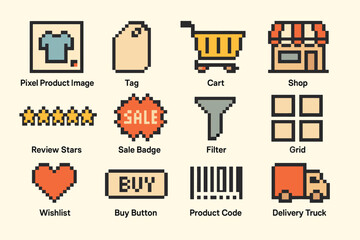 Pixel art icons: product image, cart, shop, and e-commerce elements