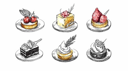 Hand drawn illustrations of assorted desserts on small plates.