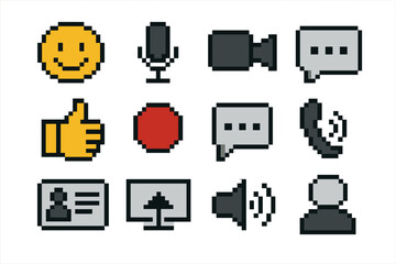 Pixel art icons: communication and multimedia symbols