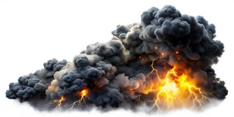 Dramatic Dark Grey and Black Smoke Storm Clouds with Fiery Orange and Yellow Lightnings A I P N G isolated on a transparent background