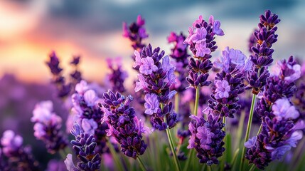 Naklejka premium Lavender Field at Sunset: Floral Aroma and Serenity