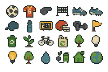 Pixel art icons: sports equipment and eco-friendly symbols on blurred background
