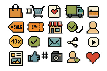 Pixel art icons: shopping, delivery, communication, and social media symbols