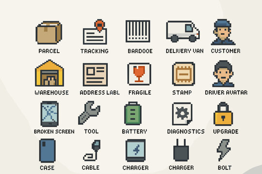 Retro pixel art icons of delivery and repair tools featuring warehouse, van, and avatars