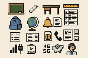 Pixel art: school and communication icons featuring backpack, globe, and desk items