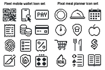 Pixel icon set for mobile wallet and meal planner with qr code and shopping cart