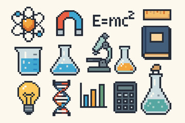 Pixel art science icons: lab equipment, molecule, magnet, dna, microscope