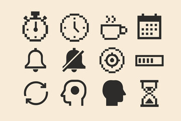 Set of pixel art icons: clock, coffee, calendar, bell, cycle, head, hourglass