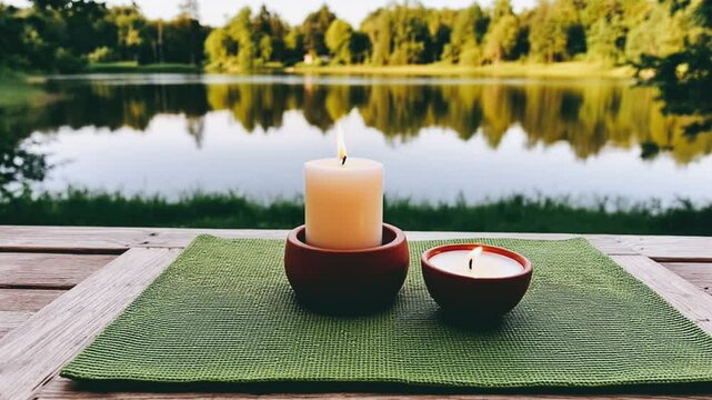 yoga by the lake, burning candle clip, serene outdoor yoga, peaceful lake scene, tranquil meditation moment, artistic wellness visuals, joyful nature connection, beautiful candlelight ambiance, refres