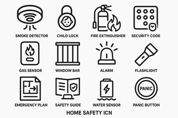 Essential home safety icons: smoke detector, child lock, fire extinguisher, security code, alarm