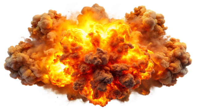 Fiery Orange and Yellow Explosion with Brown Smoke Clouds Isolated on a Transparent Background fire flames