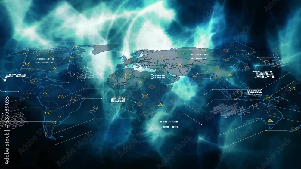 Poster digital world map fading as shifting aurora and data icons materializing linking global data flow