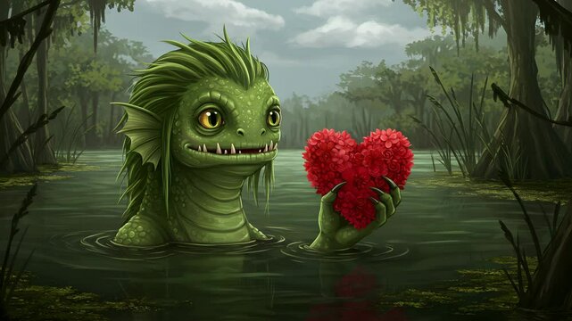 Pixel Art Green Creature Holding Red Heart in a Lush Swamp Environment