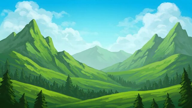 Pixel Art Green Mountainous Landscape with Blue Sky and Clouds in a Serene Outdoor Background