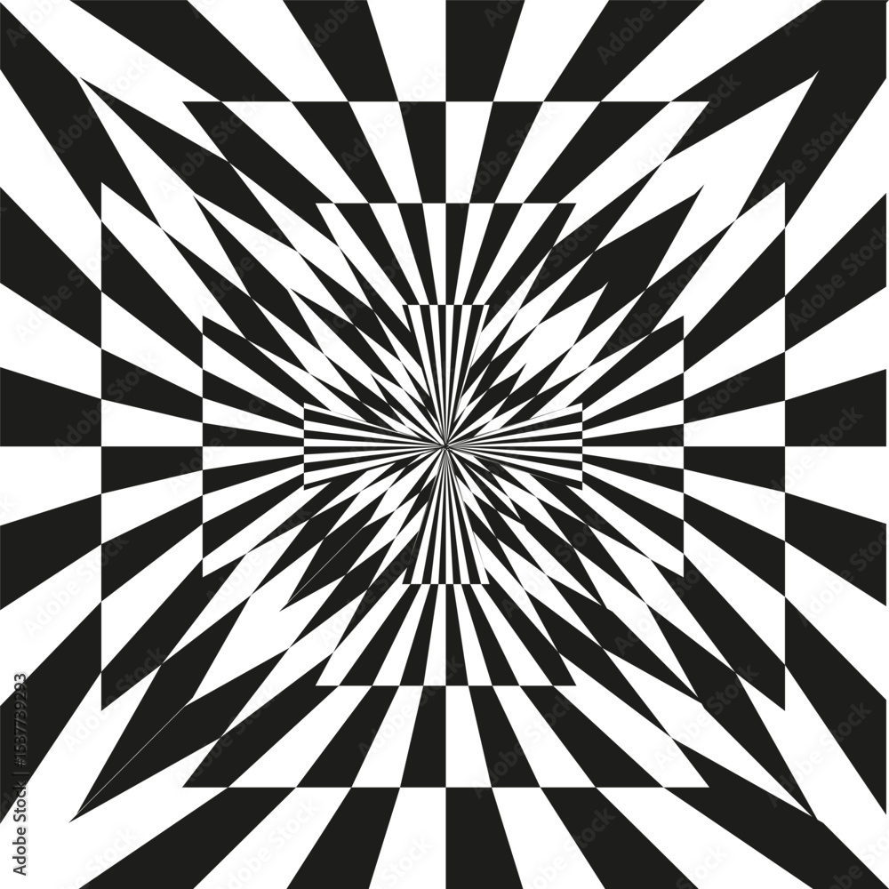 Poster checker illusion spiral. geometric black vortex. abstract swirl pattern. radial vector design.