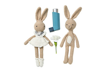 Crochet bunnies with inhaler, flower, isolated on white, PNG