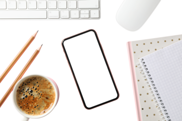 Neat desk with coffee, phone, notepad, isolated on white, PNG