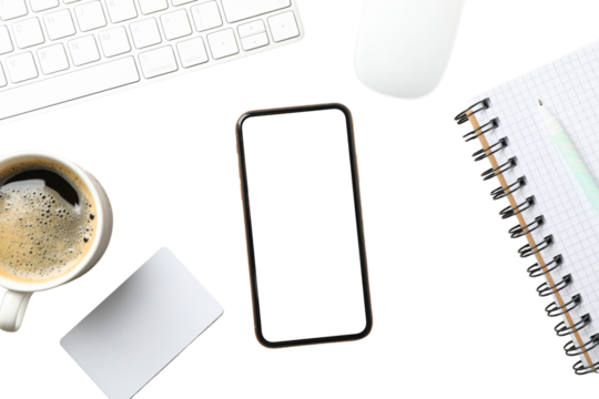 Modern workstations have smartphones and coffee, isolated on white, PNG