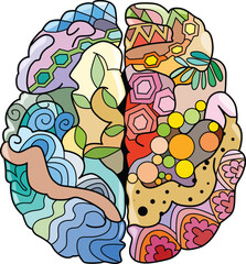 Brain image in zentangle style. Decorative unusual ornaments.