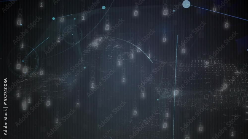Poster falling binary digits sparking nodes linking and pulsing flare visualizing digital interface