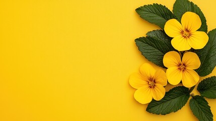 Bright Yellow Flowers and Green Leaves on a Sparkling Yellow Background