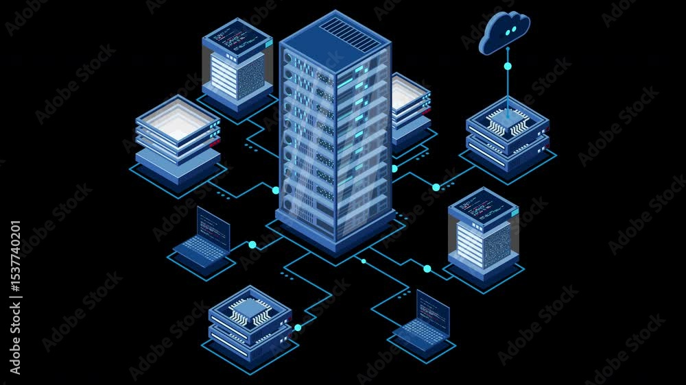 Poster Isometric computer technology animation. Computation of big data center. Cloud computing. Online devices upload and download information. Transparent background with alpha channel