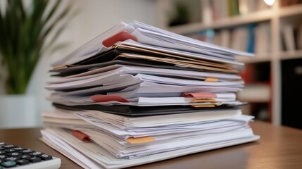 High stack of papers and files on a desk