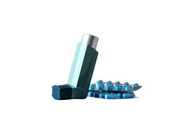 Inhaler next to blue capsules, isolated on white, PNG