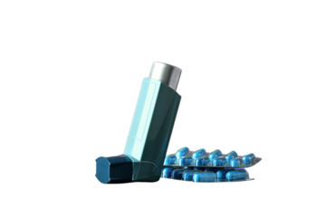 Inhaler next to blue capsules, isolated on white, PNG