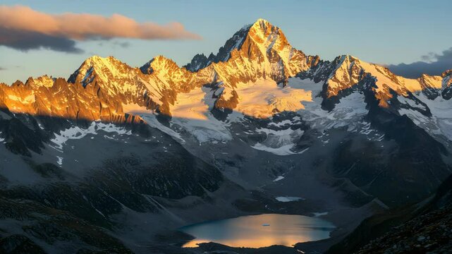 Scenic Mountain Range with Turquoise Lake Below Bathed In Warm Golden Sunlight Detailed Aerial View of Jagged Peaks and Snow Patches