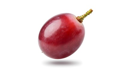 Close-up of a single ripe red grape berry with a stem, isolated on a pure white background with a subtle shadow.
