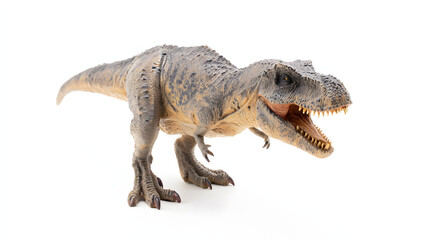 Fototapeta premium Ferocious T-Rex figurine with detailed scales and teeth, isolated on white, conveying primal power and prehistoric terror.