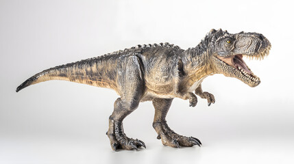 Naklejka premium Ferocious T-Rex figurine with detailed scales and teeth, isolated on white, conveying primal power and prehistoric terror.