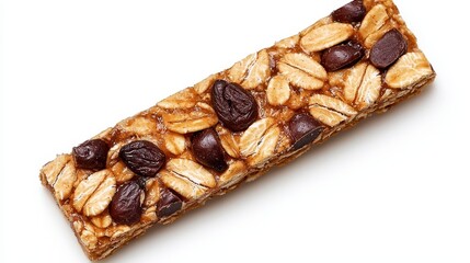 Closeup of Granola Bar with Oats, Raisins, and Chocolate Chips on White Background